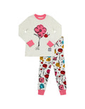Kids pajama set: white long-sleeve top with pink cuffs and printed leggings with red bug icons