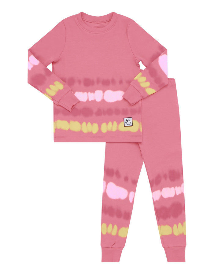 Kids pink long-sleeve top and leggings set with tie-dye band pattern