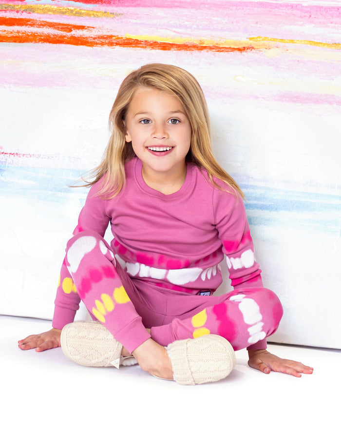 Kids pink tie-dye long-sleeve top and leggings set, child wearing