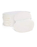 Stack of disposable underarm sweat pads, white oval pads with adhesive edges