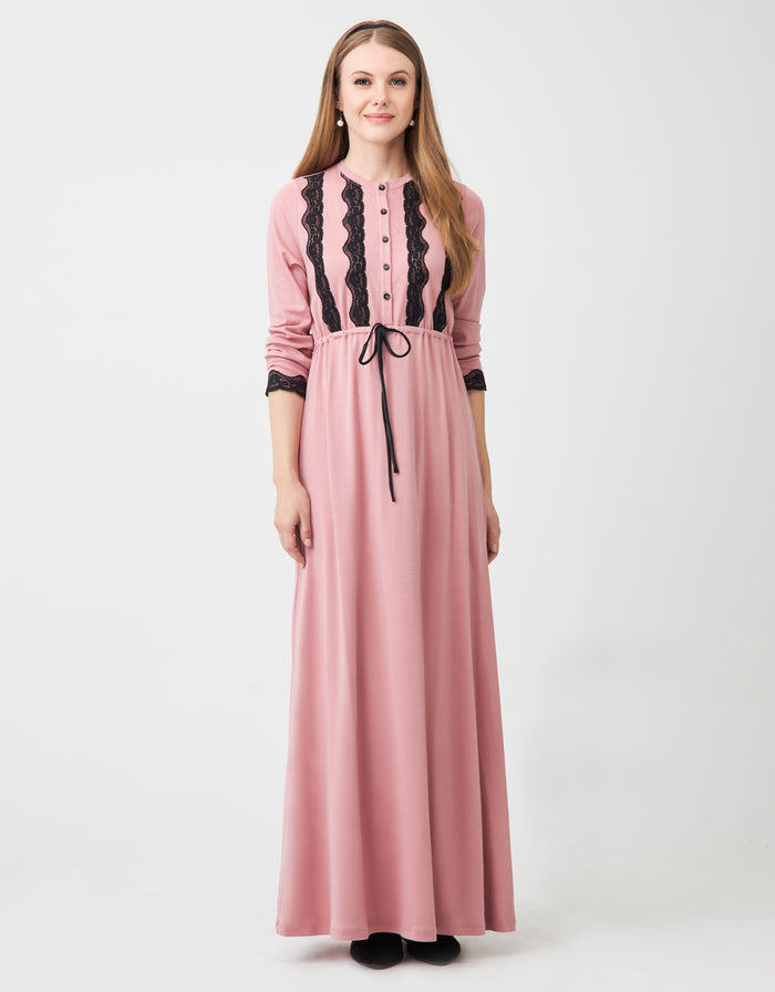 Pink button front nightgown with black lace trim and drawstring waist, long sleeves