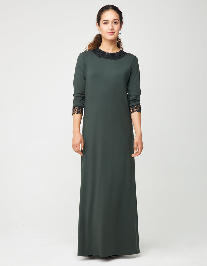 Dark green pull-on nursing nightgown with lace-trimmed neckline and cuffs, full length