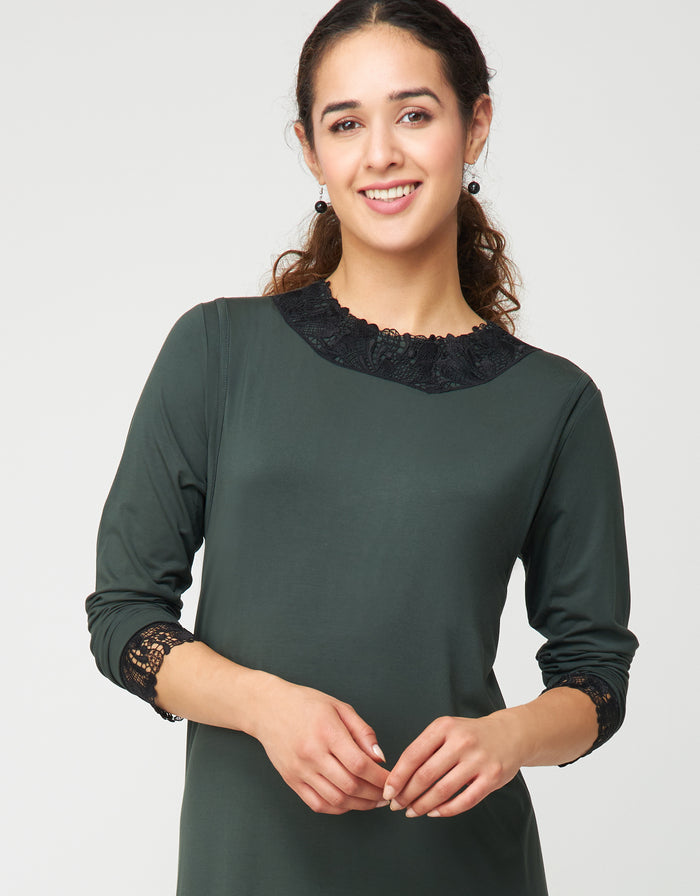 Dark green nursing nightgown with lace-trimmed round neckline and cuff lace on sleeves