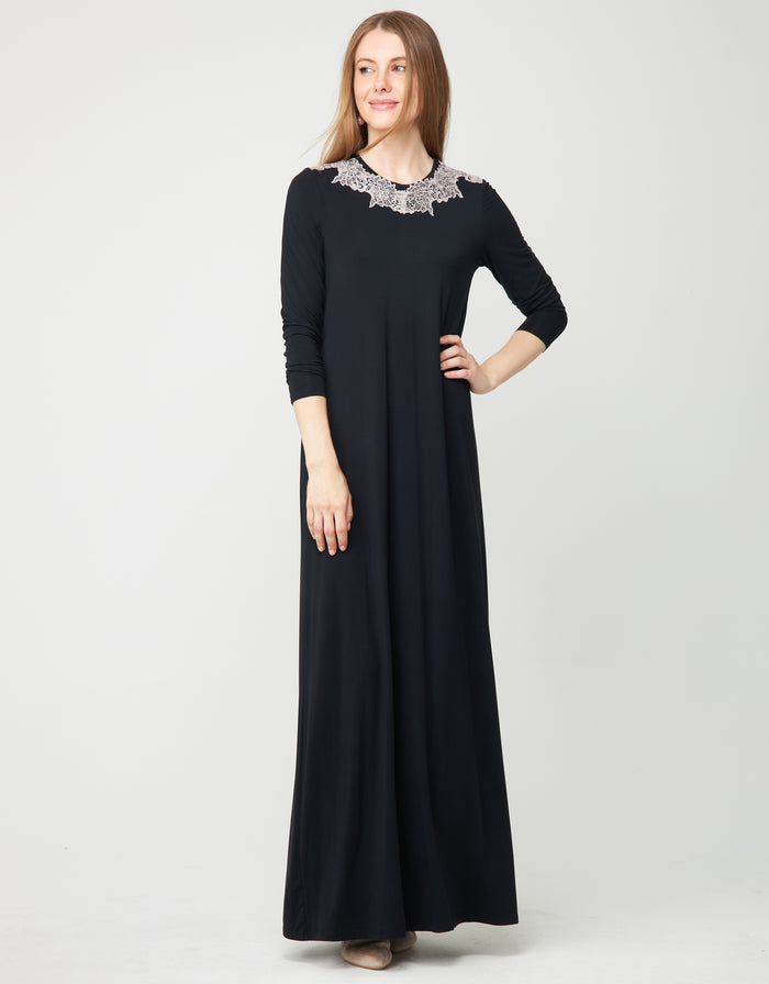 Black pull-on nightgown with gray lace collar, long sleeves, full-length dress
