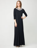 Black pull-on nightgown with gray lace collar, long sleeves, full-length dress