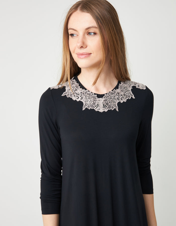 Black pull-on nightgown with gray lace neckline and long sleeves