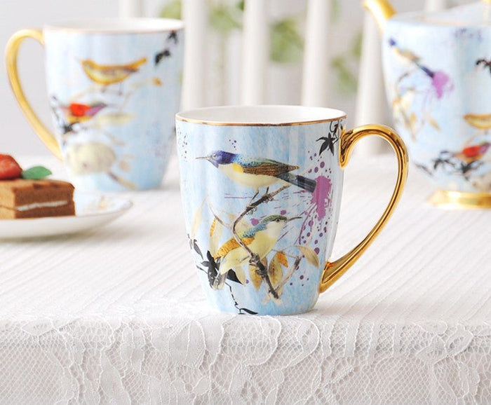 Large Creative Porcelain Mug, Elegant Blue Ceramic Coffee Mug, Beautiful Bird Flower Ceramic Mug, Large Capacity Ceramic Mugs for Office-Paintingforhome