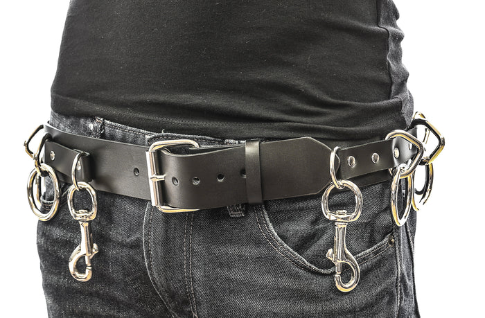 Large Ring Bondage Belt Key Holder Heavy Duty Black Leather Belt