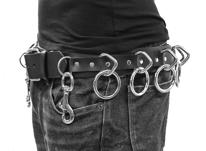 Large Ring Bondage Belt Key Holder Heavy Duty Black Leather Belt