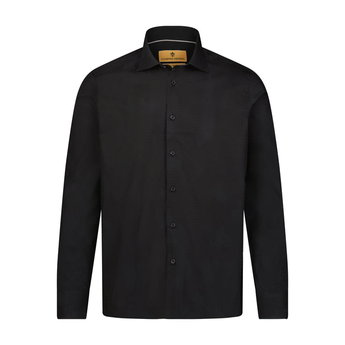 Leo Jacquard Black Tonal Geometrical Design Long Sleeve Shirt