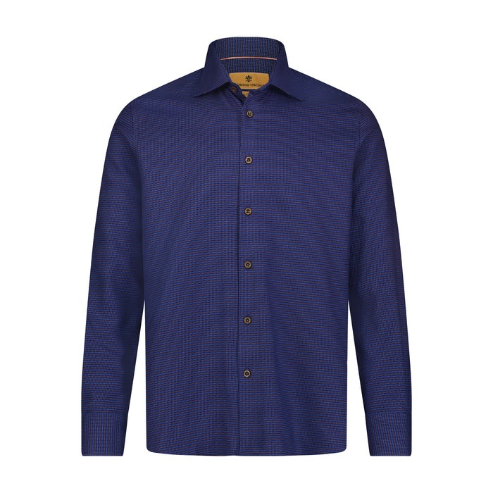 Leo Navy Chocolate Woven Geometric Jacquard Long Sleeve Shirt