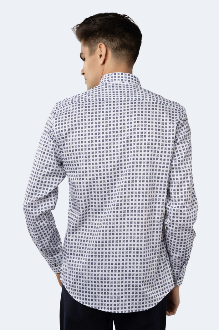Leo White Jacquard Shirt with Navy Square Designs