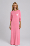 Pull on pink nightgown with pocket and embroidered floral motif.