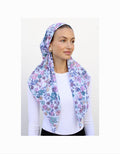 Lilac floral pre-tied headscarf with soft draped hood and matching trim