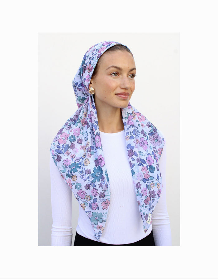Lilac floral pre-tied headscarf with soft draped hood and matching trim