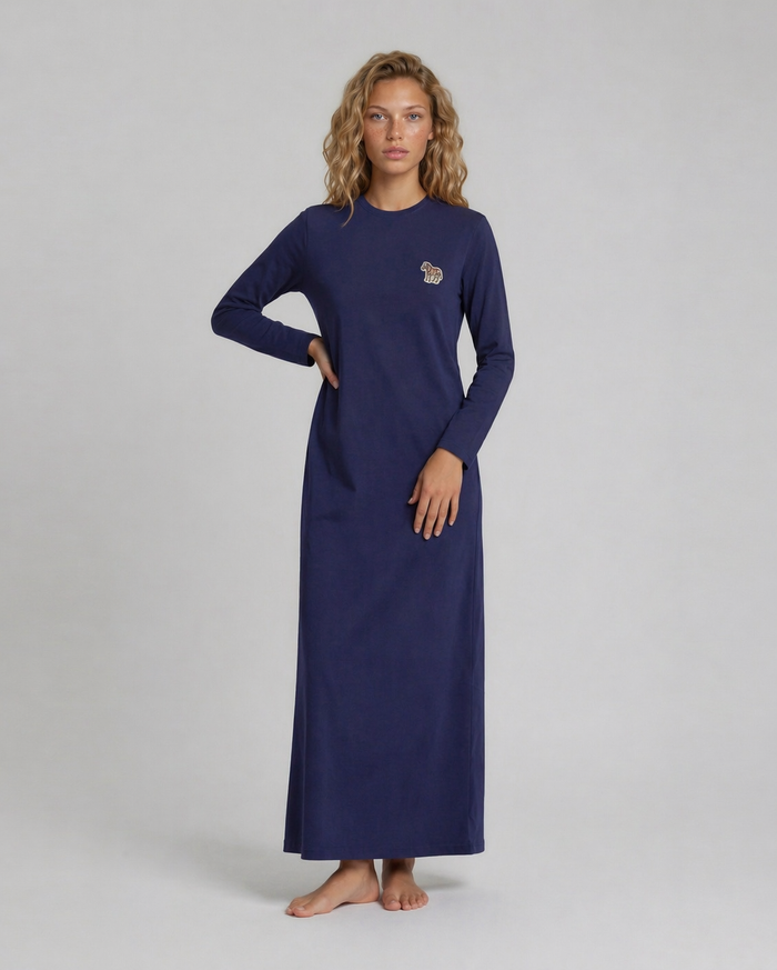 Navy blue long sleeve pull on nightgown sleepwear with small animal motif appliqué.