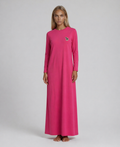 Fuchsia pink long sleeve pull on nightgown sleepwear with small animal motif appliqué.
