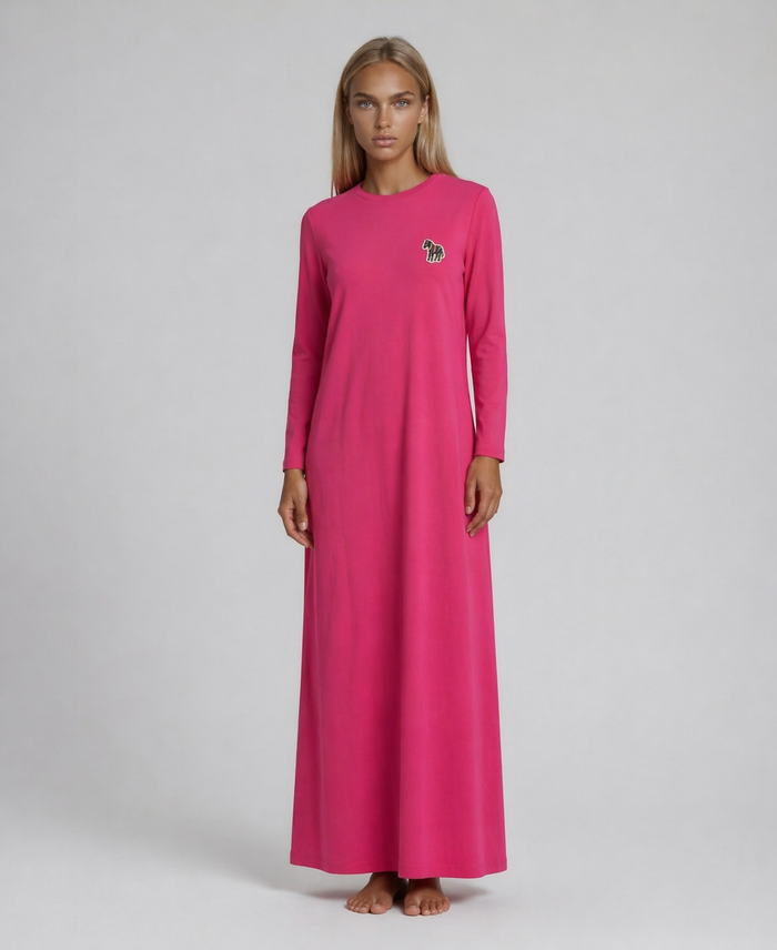 Fuchsia pink long sleeve pull on nightgown sleepwear with small animal motif appliqué.
