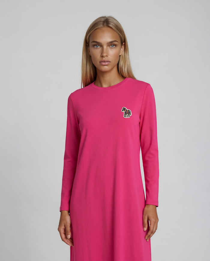 Fuchsia pink long sleeve pull on nightgown sleepwear with small animal motif appliqué.