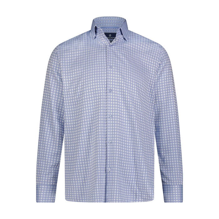 Lite Blue and Navy Small Check Print Long Sleeve Shirt