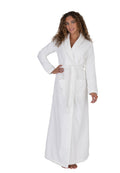 Long white terry wrap bathrobe with V-neck, tied belt, front pockets, long sleeves