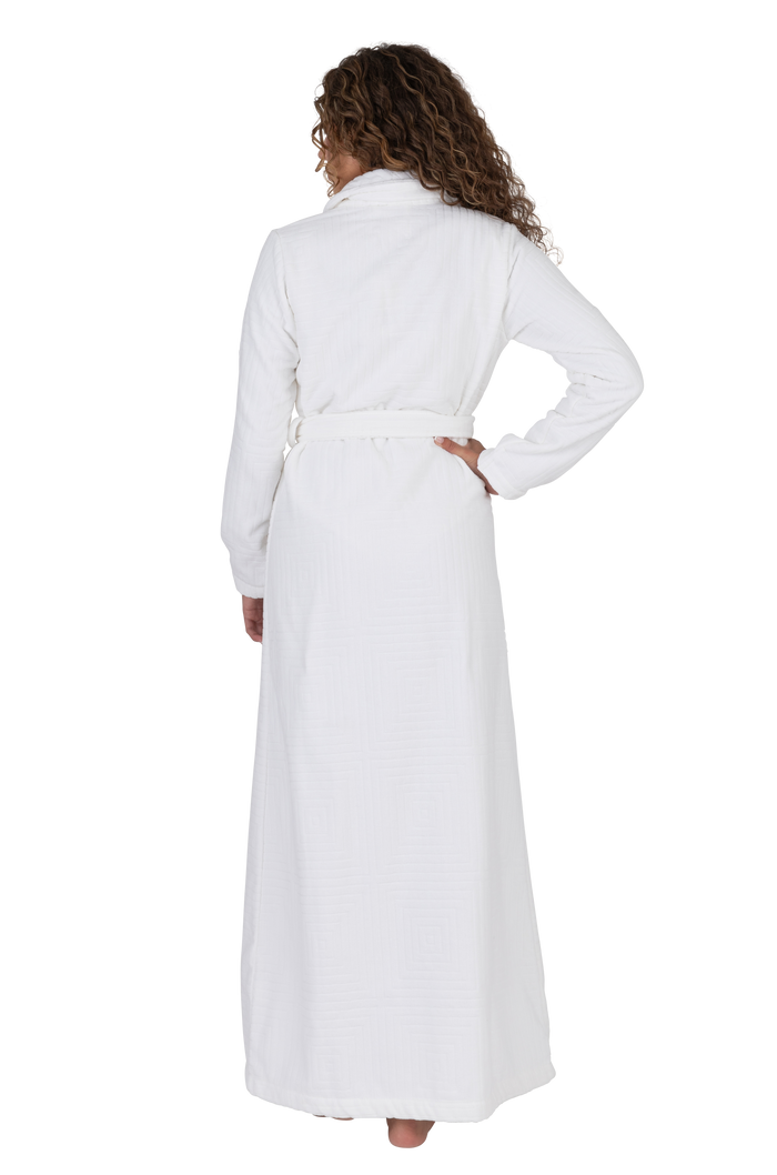 Long white terry wrap bathrobe, back view, tied belt at waist, long sleeves