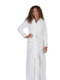 White terry wrap bathrobe with hood, belted waist, piped trim, side pockets