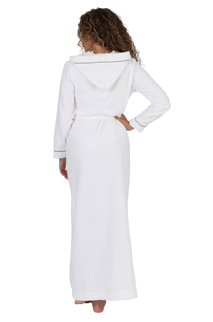 White long wrap bathrobe with hood and belted waist, piped trim