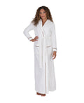 Long white terry bathrobe with hood, belted waist and brown piped trim