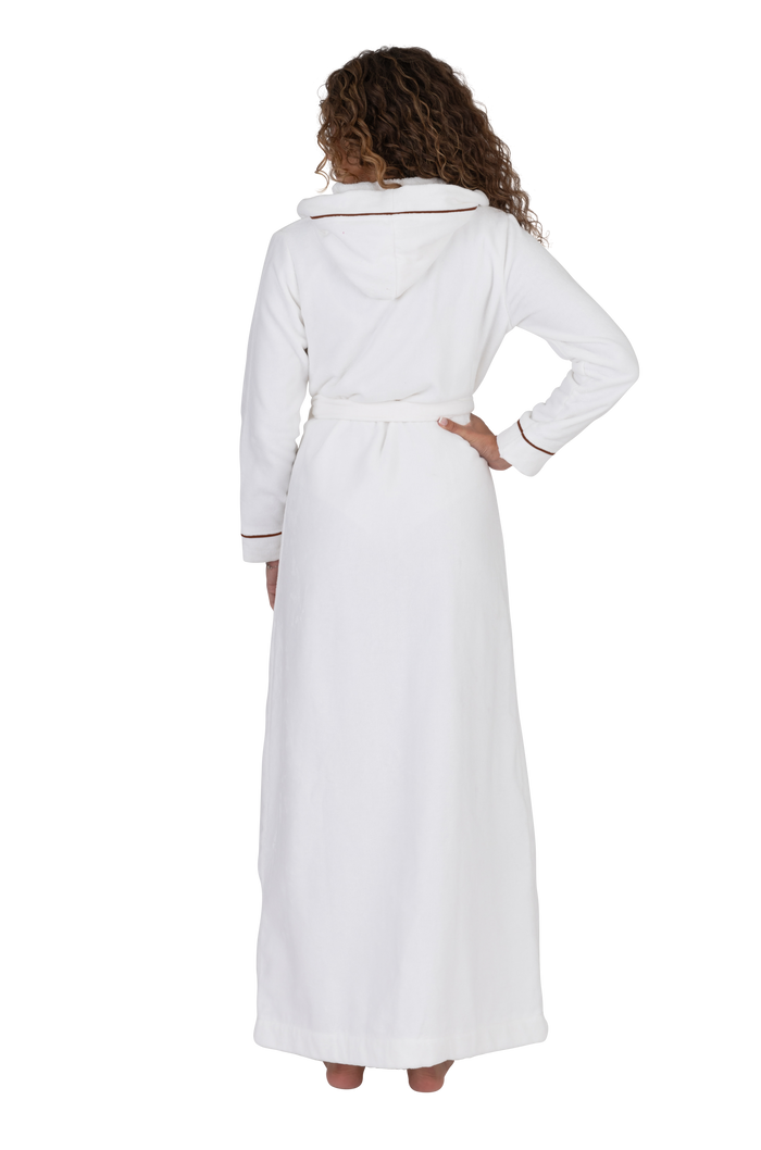White terry bathrobe with hood and belted back, brown piped edge trim