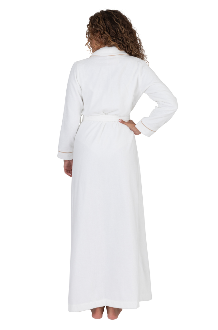 Long white terry wrap bathrobe, back view, tie belt and brown piped trim