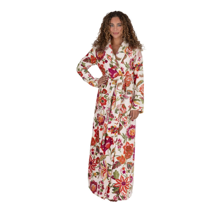 Long belted floral bathrobe with shawl collar and long sleeves; cream with red flower print