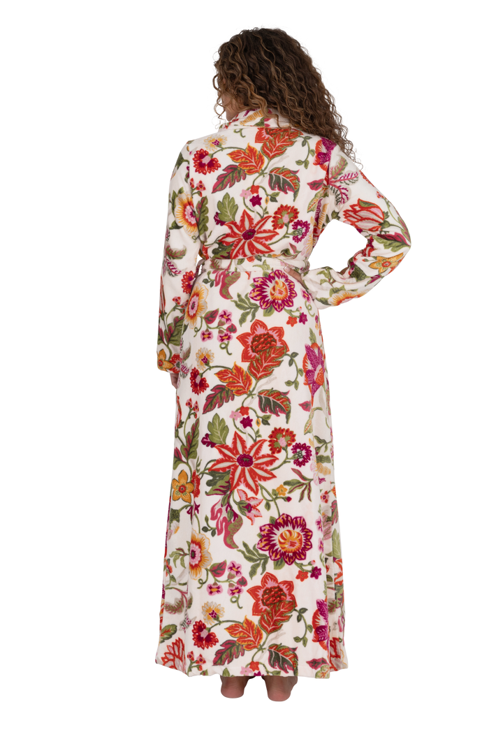 Long floral wrap bathrobe with tie belt, shawl collar, long sleeves; cream with red flowers