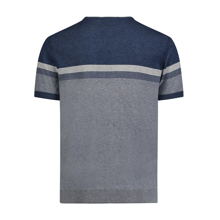Melange Indigo and Ecru Mini Stripe Short Sleeve Knit Polo