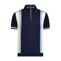 Melange Navy, Sky Blue, and White Large Front Panel Short Sleeve Knit Polo