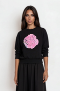 Black long sleeve sweatshirt tee top with pink rose screen print design