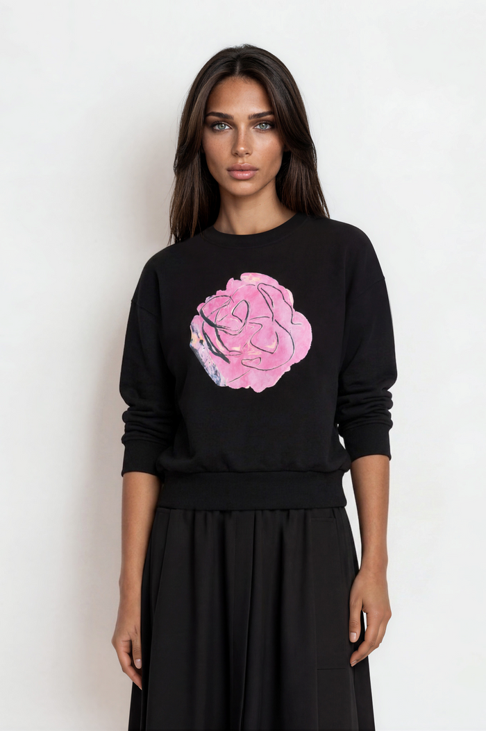 Black long sleeve sweatshirt tee top with pink rose screen print design
