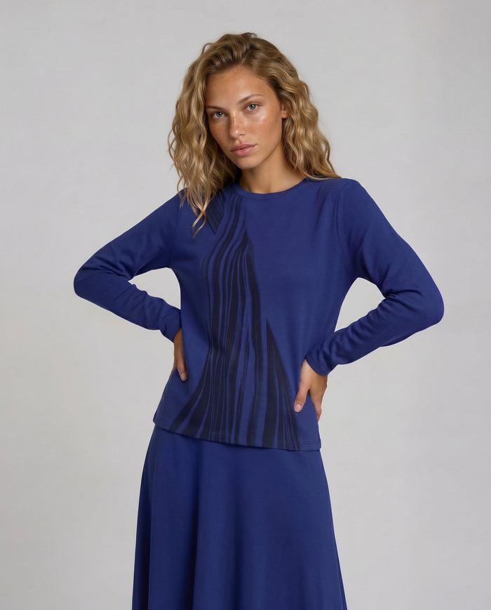 Long sleeve royal blue tee shirt top with black wave screen print motif