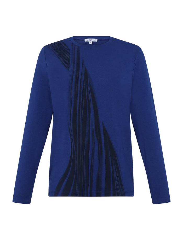 Long sleeve royal blue tee shirt top with black wave screen print motif