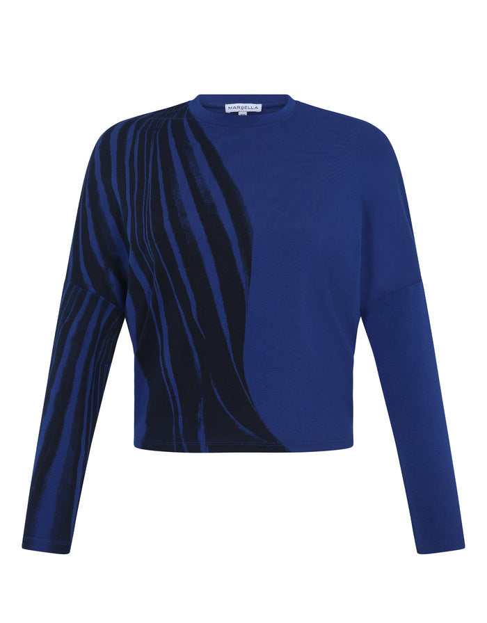 Long sleeve royal blue cropped tee shirt top with black wave screen print motif