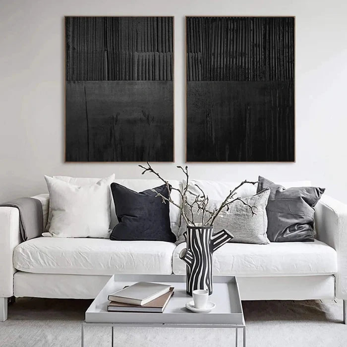 Set of 2 Minimalist Black Textured Original Painting Wall Decor