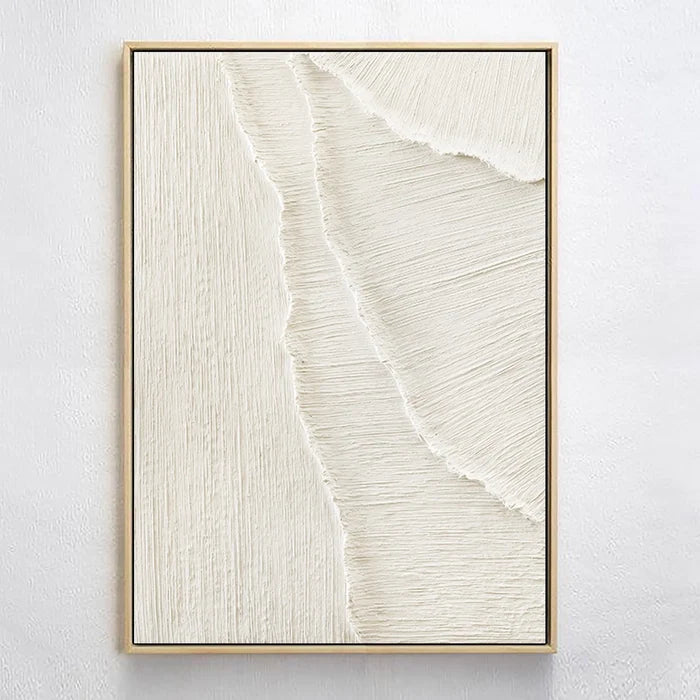 Beige Sea Slap Beach Textured Plaster Framed Canvas, Large Minimalist Wall Artwork for Home Decor