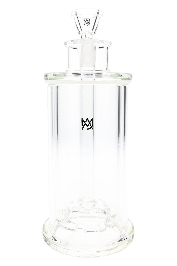 Front view of MJ Arsenal Piston glass gravity bong, clear borosilicate body with disc perc and thick base.