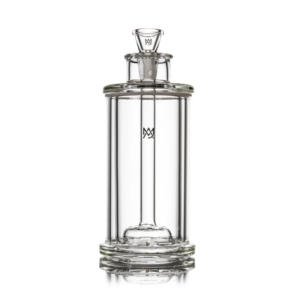Full-length clear glass bong with MJ Arsenal logo, piston top assembly and wide stable base for smooth pulls.