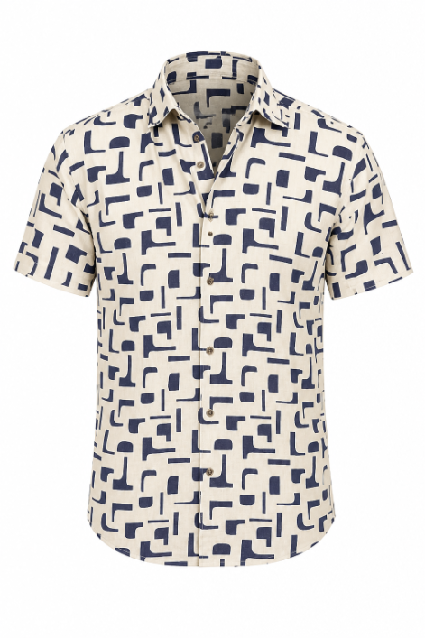 Short-sleeve shirt with geometric pattern on a white background