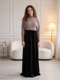 Two-piece knit top and velvet skirt set, mauve long-sleeve top with dark skirt