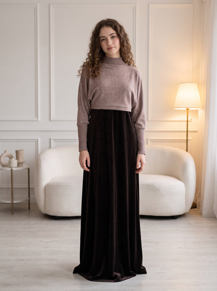Two-piece knit top and velvet skirt set, mauve long-sleeve top with dark skirt