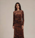 Maxi dress with mocha swirl print, long sleeves, formfitting silhouette