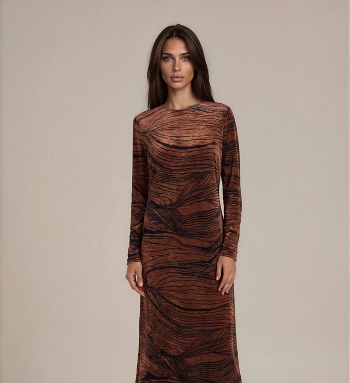 Maxi dress with mocha swirl print, long sleeves, formfitting silhouette