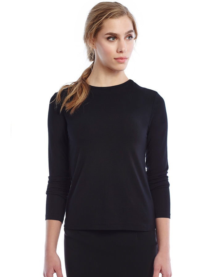 Black long sleeve modal shell top with crew neck